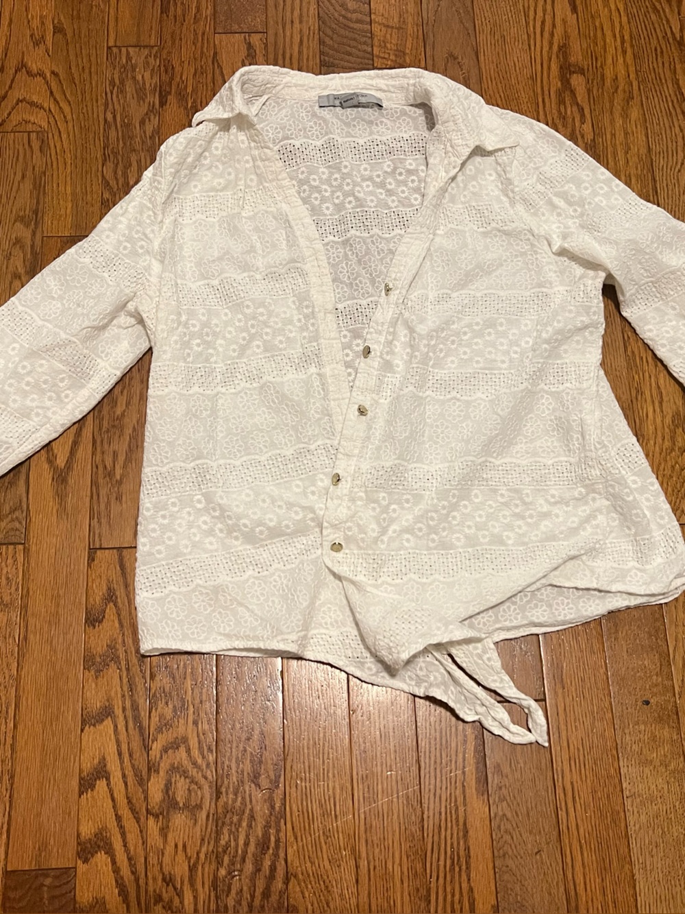 White Eyelet Button-Down Tie-Hem Shirt